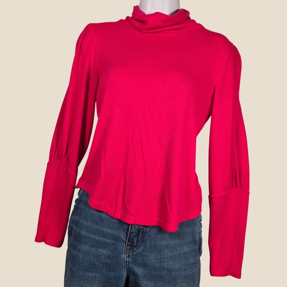 Anthropologie Women XS Turtleneck Puff Sleeve Top Pink Cozy Soft Academia